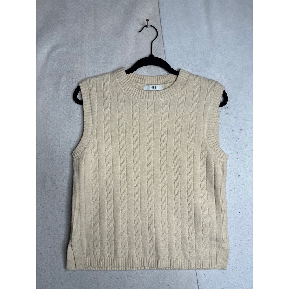 Marks and Spencer Cream Cable Knit Sweater Vest Crew Neck Small T38 8002/03543